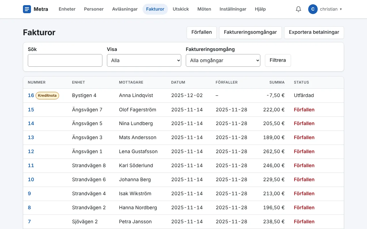 Fakturalistan i Metra med förfallna fakturor och en kreditnota