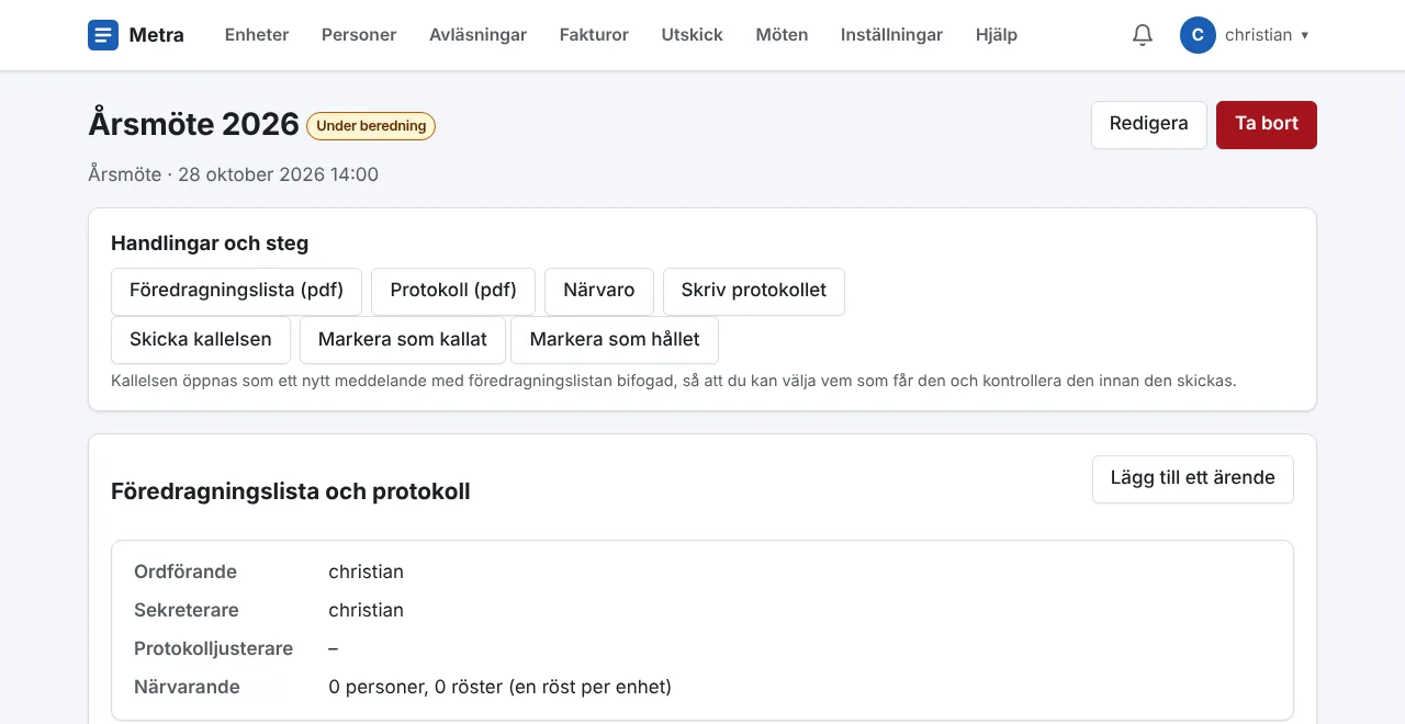 Ett årsmöte i Metra med knappar för kallelse, närvaro och protokoll
