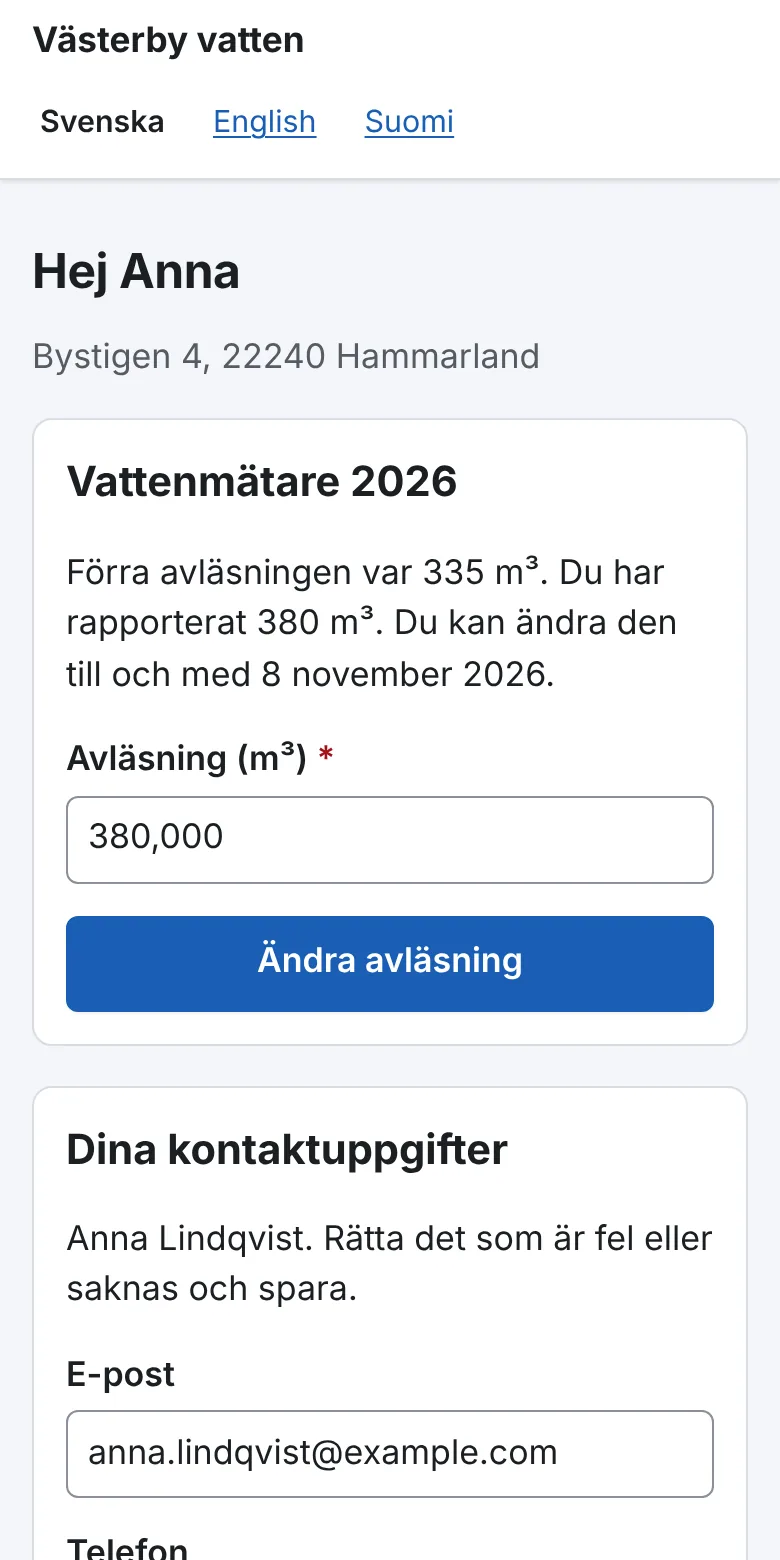 Medlemmens egen sida på en telefon, där hon lämnar sin mätaravläsning