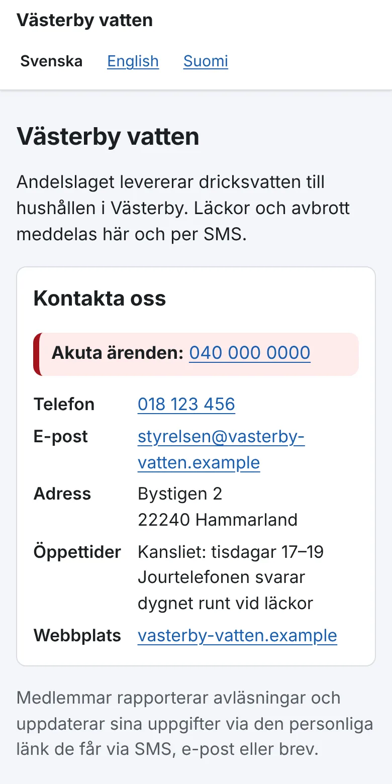 Föreningens offentliga sida på en telefon med jourtelefon och kontaktuppgifter