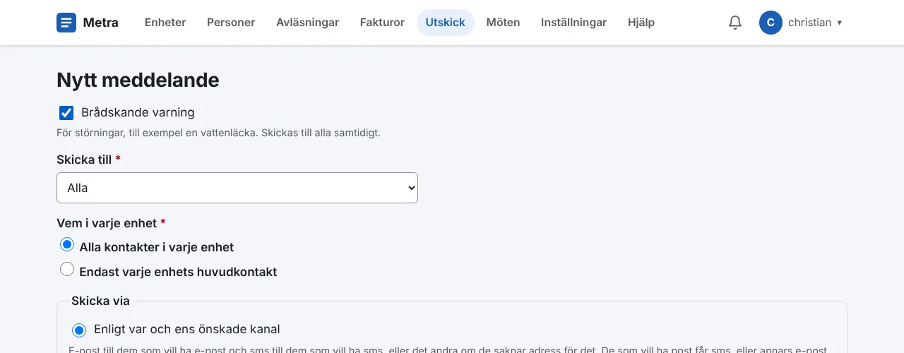 Ett nytt meddelande i Metra med rutan Brådskande varning ikryssad